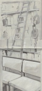 A more sustained and committed tonal study using pencil and ink. I love those shoe boxes!