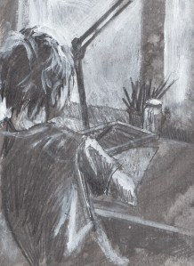 An impromptu tonal study of Sam sitting at my desk.