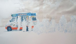 Draw the ice-cream van - I like all the lettering and folk-art like decoration. I avoid outline where ever possible,