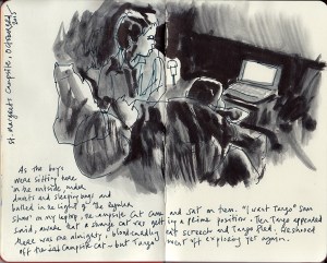 Boys & Cat watching TV outside