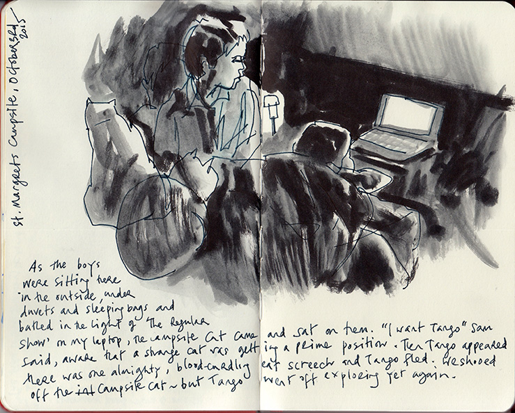 Boys & Cat watching TV outside