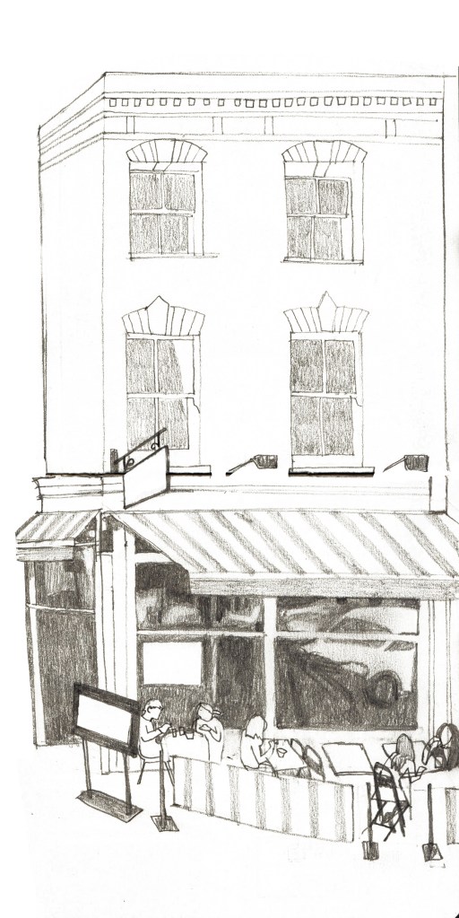 Sketchbook drawing of a Cafe in Stoke Newington